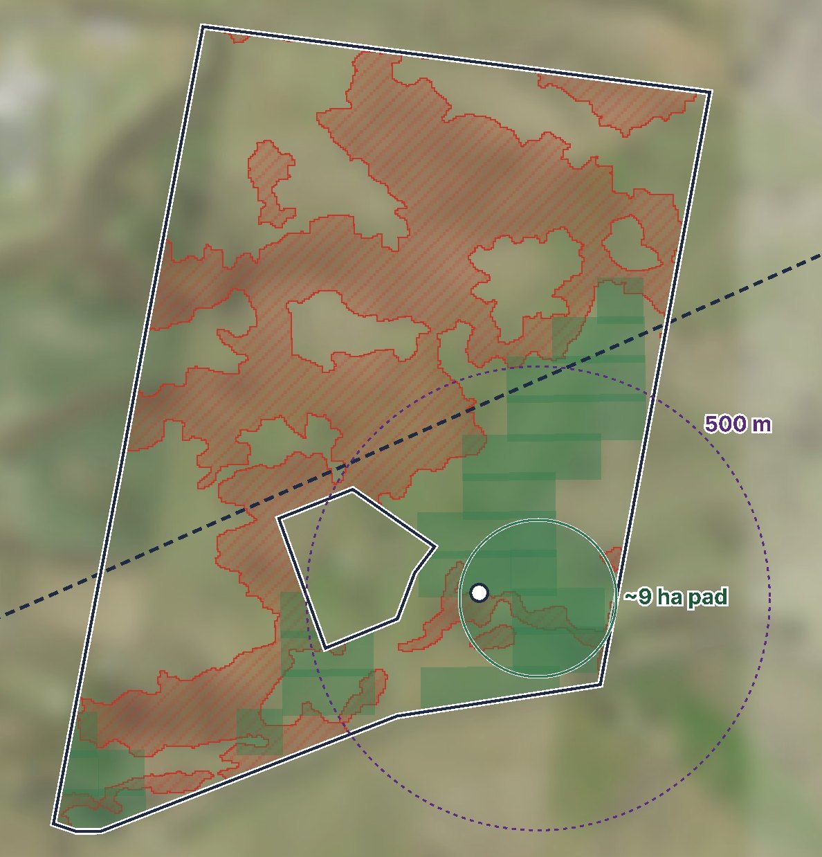 Constraint map of the 192 ha sample lot: mapped Box-Gum woodland covers most of the lot; a roughly 9 ha workable pad sits in the south-east corner beside the dwelling, with a 500 m ring around it and a 132 kV line crossing the lot.