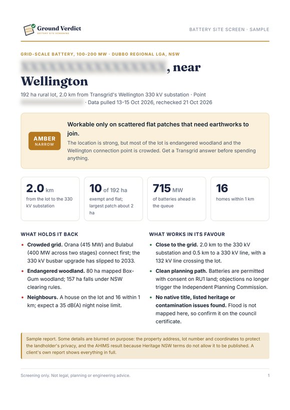 Report page 1: verdict and key numbers