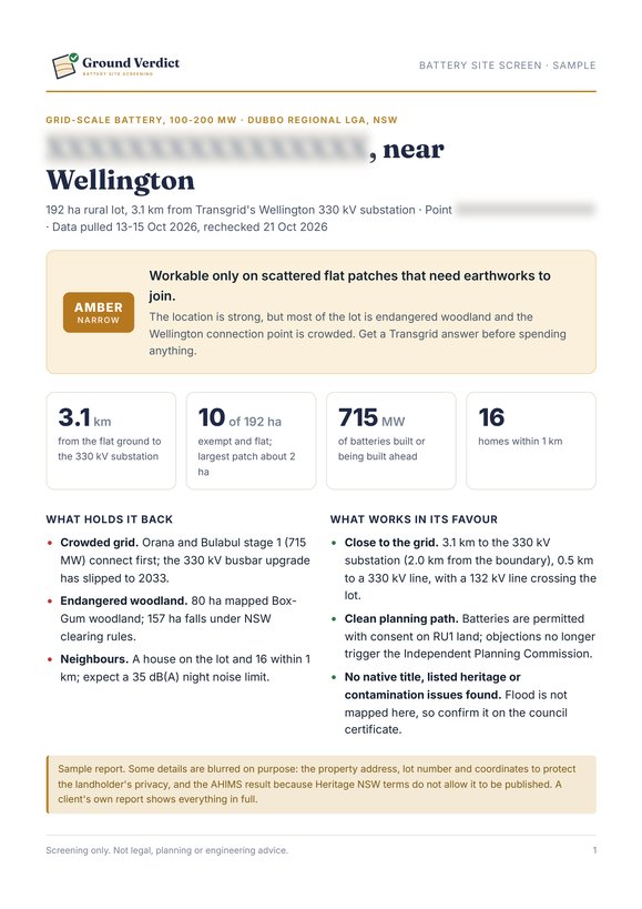 Report page 1: verdict and key numbers