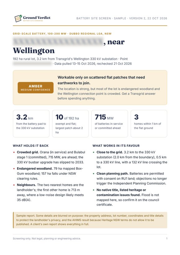 Report page 1: verdict and key numbers