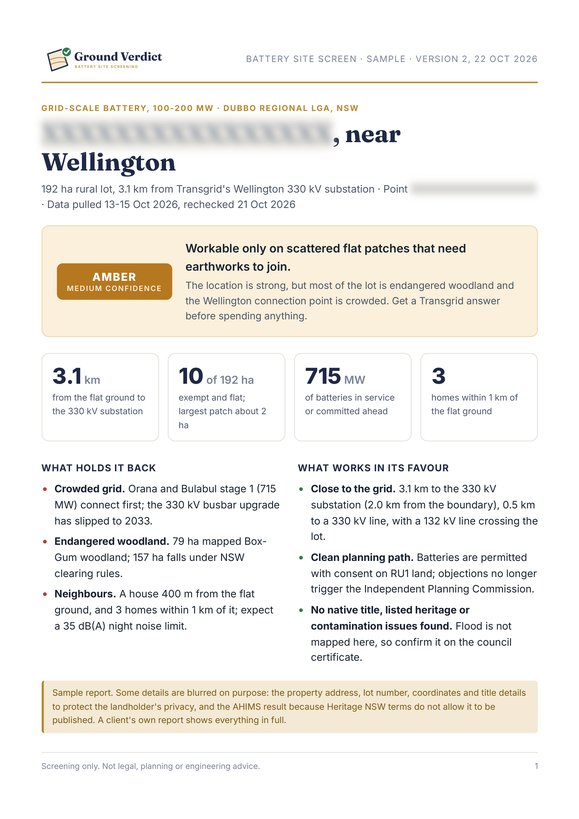 Report page 1: verdict and key numbers
