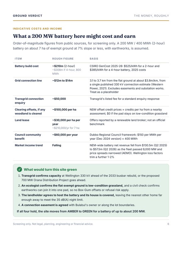 Report page 6: rough costs and what would turn it green